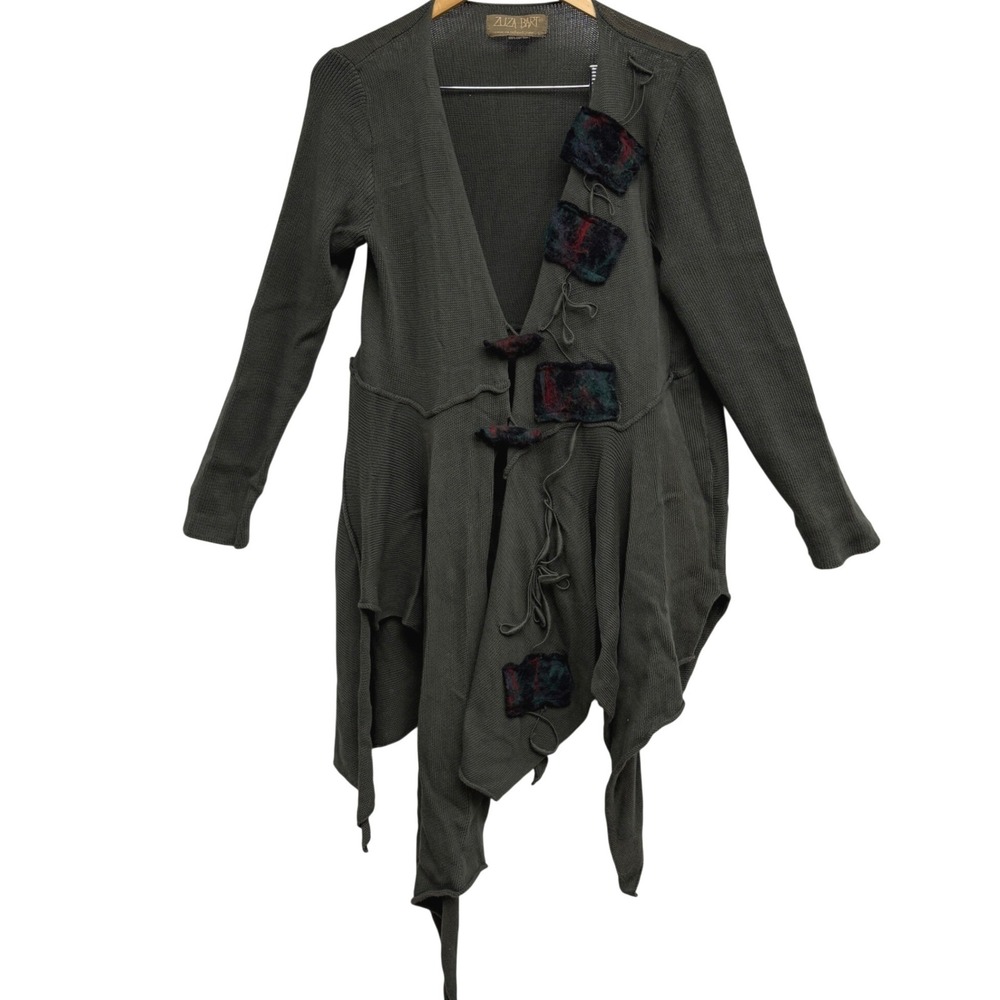 Zuza Bart Vintage Olive Green Asymmetrical Lagenlook Cardigan Felted Patch‎ M